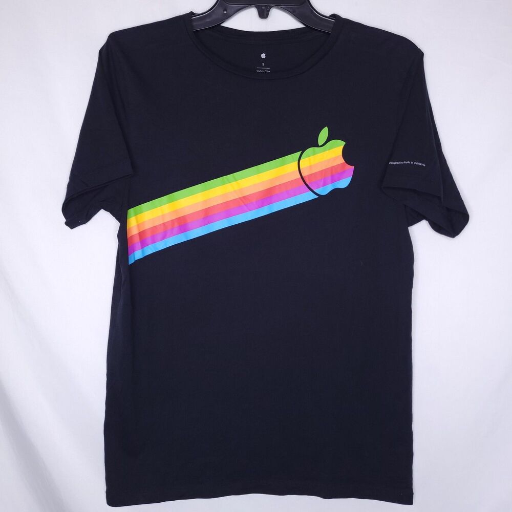 Apple T Shirt Womens Small Black Rainbow Retro Computer Mac